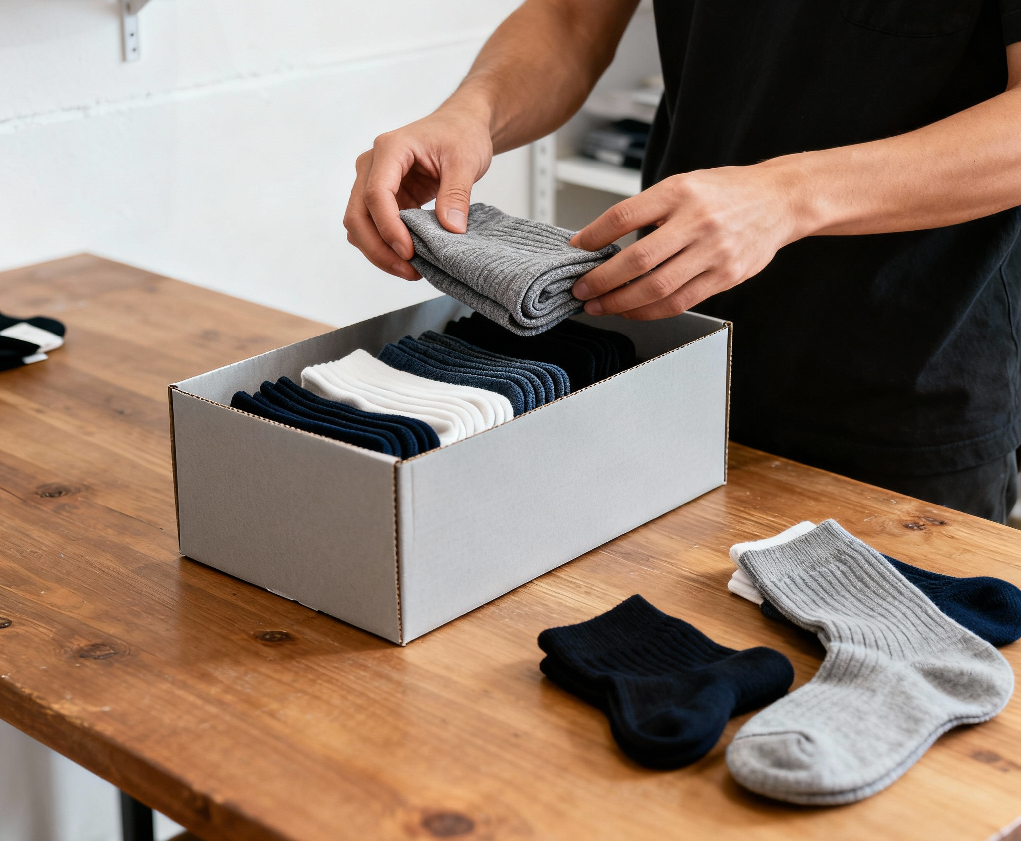 jimeng-2025-11-03-6738-工作人员正在整理袜子,把袜子装进箱子里.png