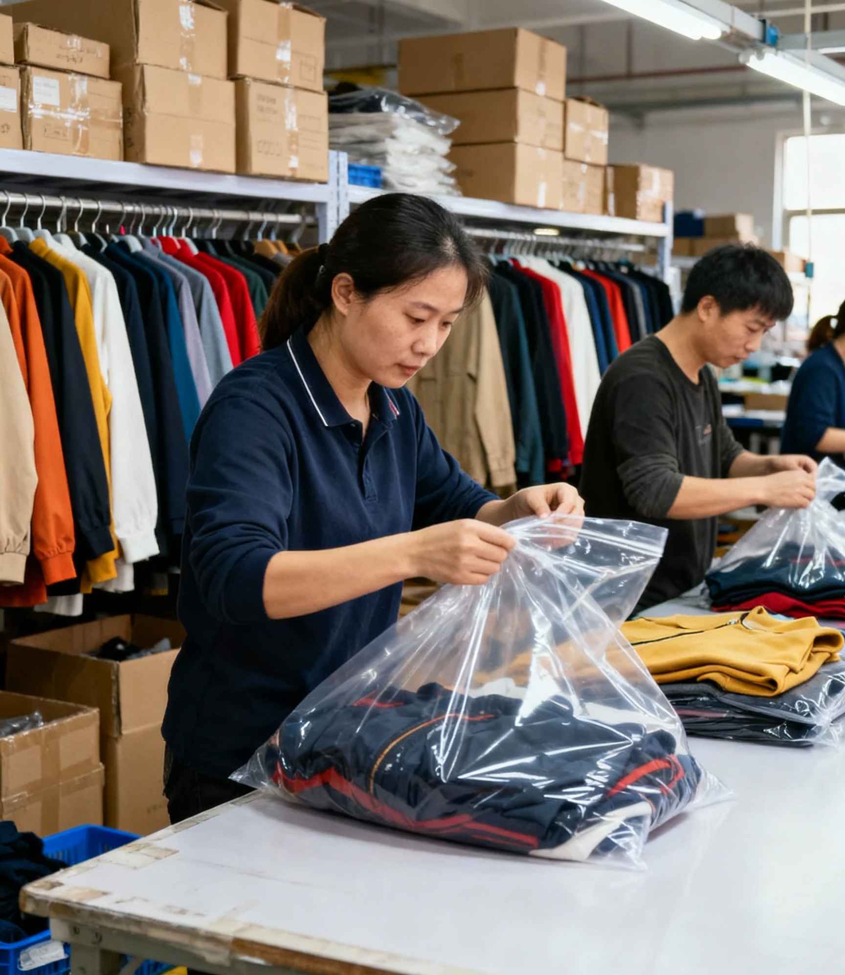 jimeng-2025-11-09-5528-工人们正在把衣服装袋 (1).png