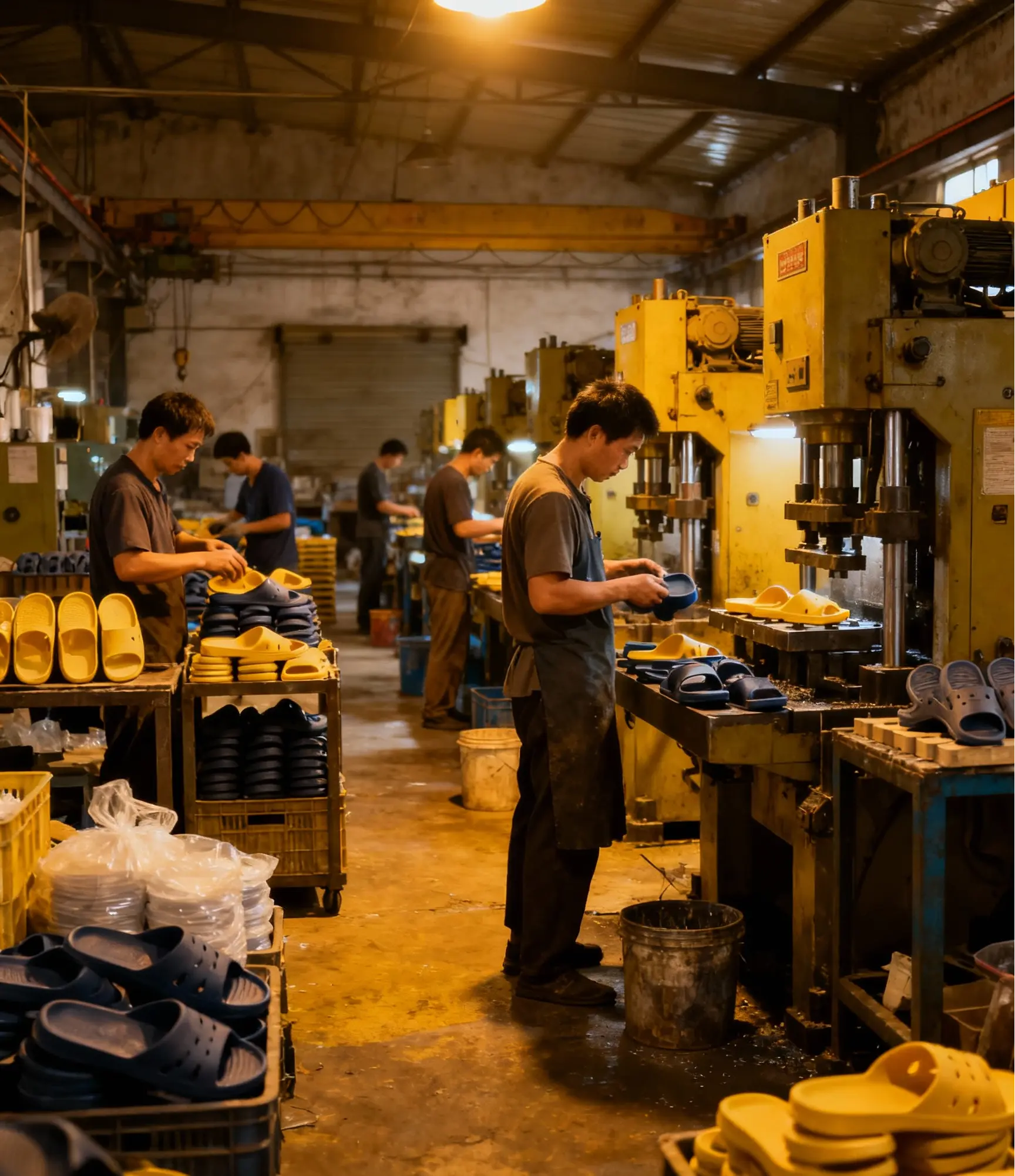 jimeng-2025-11-10-2239-工人们正在生产塑胶拖鞋.webp