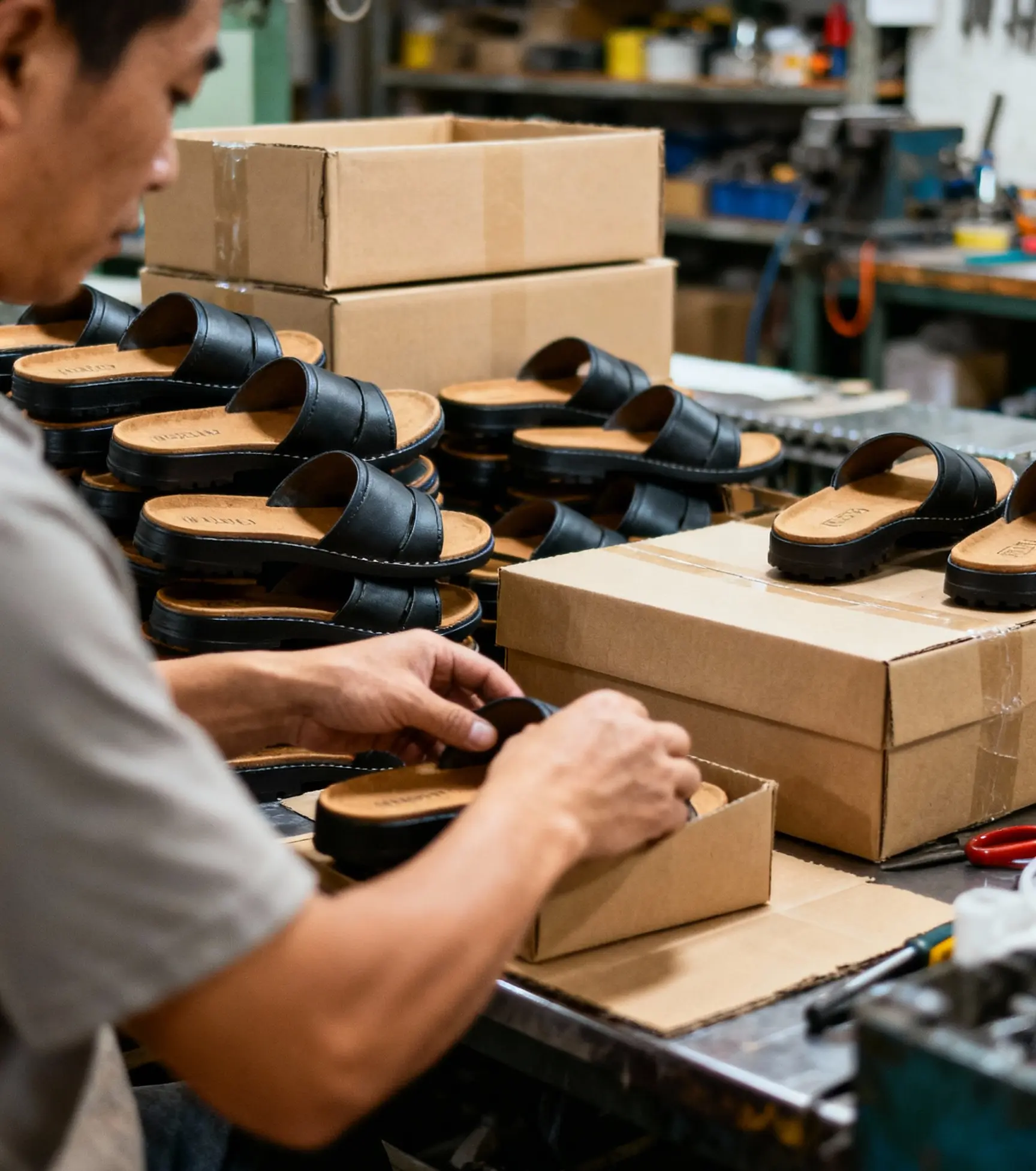 jimeng-2025-11-10-9839-工人们正在打包拖鞋.webp